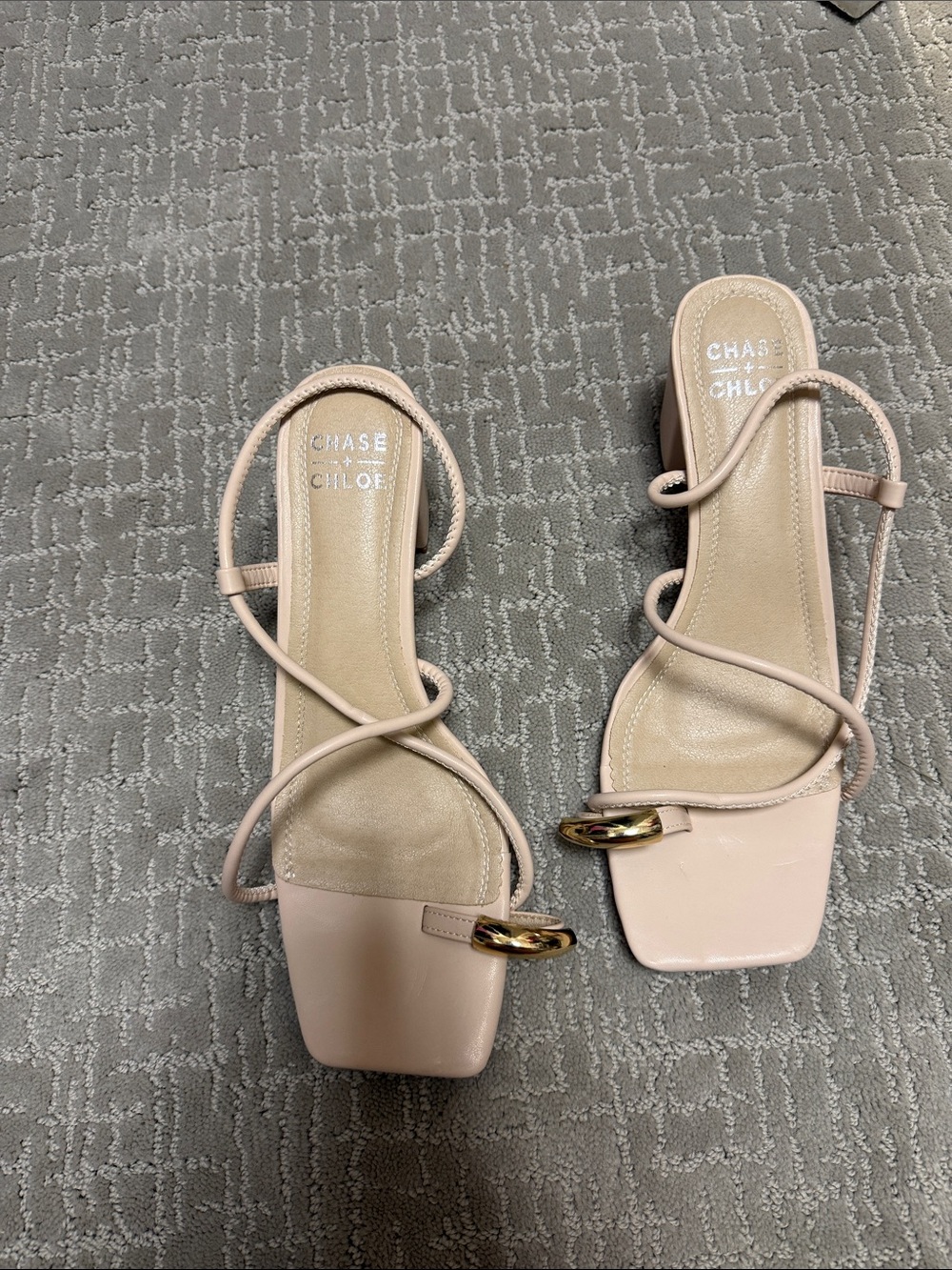 Chase + Chloe Blush Strappy Square-Toe Heels with Gold Accent
